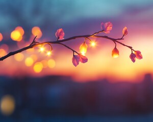 Poster - Serene Floral Illumination LED-Enhanced Blossoms on Branch at Sunset - Elegant Event Decor and Ambient Lighting for Modern Celebrations