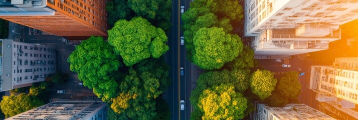 Poster - Aerial Green Cityscape with Digital Overlays Sustainable Urban Design Meets Smart Infrastructure in Modern Tech-Savvy Neighborhoods for Eco-Friendly Urban Living