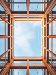 Poster - Modern Architectural Design Geometric Glass and Wood Structures in Business Innovation Spaces - Elevate Urban Work Environments with Sustainable Office Aesthetics