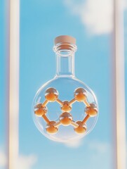 Aufkleber - Retro-Futuristic Molecular Visualization in Glass Flask against Sky Sci-Fi Aesthetic for Next-Gen Healthcare Marketing and Scientific