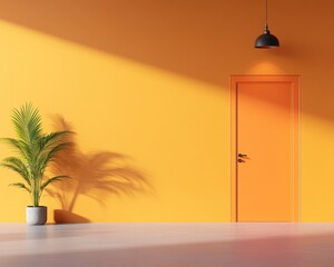 Poster - Vibrant Minimalist Workspace Sunlit Orange Wall with Modern Indoor Plant - Sleek Corporate Aesthetic and Creative Office Design for Inspiring Productivity