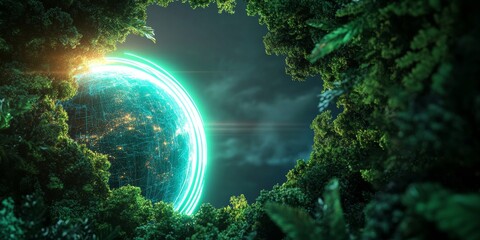 Poster - Futuristic Eco-tech Illuminated Digital Globe Amidst Verdant Foliage - Sustainable Innovation Imagery for Green Tech Marketing and Environmental Education