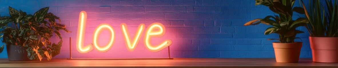 Aufkleber - Neon Love Typography on Textured Brick Glowing Minimalist Decor for Event Branding and Emotional Marketing Displays - Enhancing Romantic Ambiance and Modern Visual Storytelling