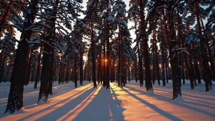 Aufkleber - Snow-covered forest with sunlight filtering through trees, winter serenity and nature tranquility concept