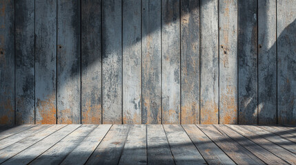 Wall Mural - Rustic wood backdrop with sunlight casting shadows. Perfect for showcasing products or creating a vintage vibe. Use as a design element.