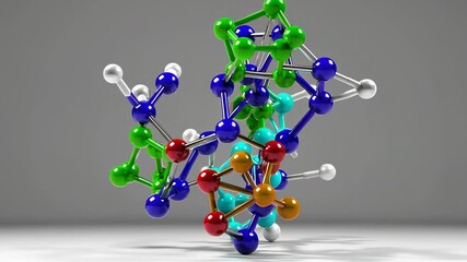 Poster - Intricate molecule model rotating gradually, revealing detailed colorful structure against pristine white background, representing scientific complexity and molecular research dynamics