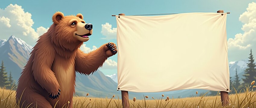 Illustration of a bear next to a blank advertising banner
