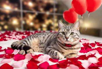 Wall Mural - An adorable cartoon illustration of a fluffy cat lounging comfortably on a bed of pink and red petals, with several heart-shaped balloons tied to its collar. The cat looks content and relaxed, surroun