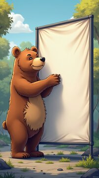 Illustration of a bear next to a blank advertising banner