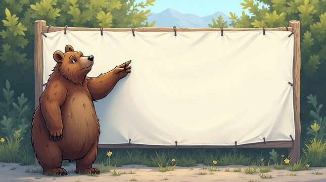 Illustration of a bear next to a blank advertising banner