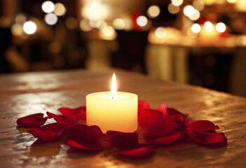 Wall Mural - A romantic photo showcasing a beautifully arranged table with soft, flickering candles surrounded by vibrant rose petals. The warm glow of the candles reflects off the petals, creating an intimate atm