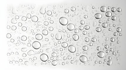Poster - Pristine water droplets suspended against a clean white background showcasing clarity simplicity and the natural beauty of liquid form  These transparent droplets capture the essence of freshness