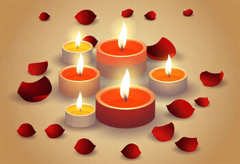 Wall Mural - A charming vector design displaying a collection of candles illuminated by a warm glow, surrounded by a lush spread of rose petals. The composition is set against a subtle background with soft gradien