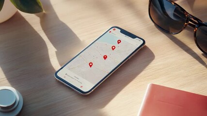 Poster - Navigation app displaying increasing location pins on a map, in slow motion, on a smartphone placed on a wooden table next to sunglasses and a notebook