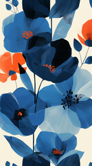 Poster - Abstract Blue Floral Pattern: A captivating floral design features vibrant blue and orange poppies with soft edges and layered petals. The delicate details create a modern abstract look.