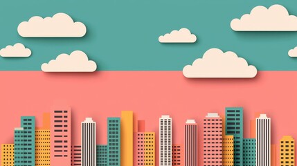 Sticker - Colorful skyline with clouds against a pastel background.