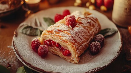 Wall Mural - Delicious dessert featuring flaky pastry filled with cream and fresh berries in warm, inviting setting