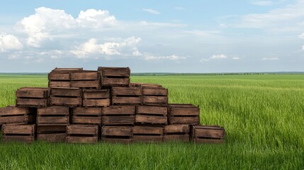 Wall Mural - Wooden crates sit near a vibrant green field, surrounded by trees and under a blue sky with fluffy clouds, evoking tranquility