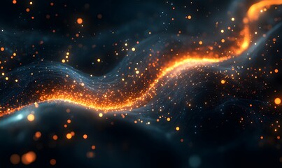 Poster - Abstract glowing wave with bright orange particles and a dark blue background