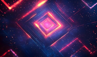 Poster - Abstract Glowing Square Tunnel with Red Light and Scattered Particles Background 3D Render