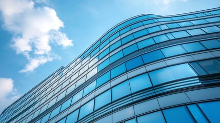 Aufkleber - Curved glass architecture rises against a bright blue sky, harmonizing with fluffy clouds. The design showcases fluid lines and modern aesthetics, inviting admiration and inspiration