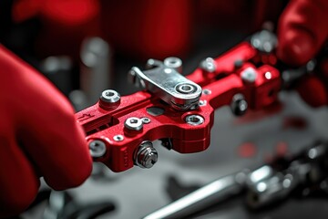 Leinwandbilder - Precision tools in a workshop focus on a detailed red tool held by hands, showcasing craftsmanship and attention to mechanical work