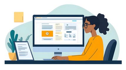 Fototapete - Young female professional working on a computer in a minimalist office environment focused on digital tasks such as research analysis document writing and online communication  The depicts a modern