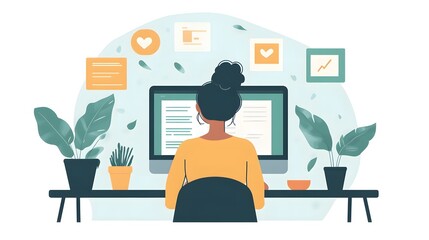 Fototapete - Young female professional working remotely from home office or coworking space surrounded by digital devices office supplies and decorative elements like plants and cups  Focused on productivity