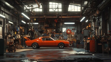 Naklejka na meble Body Shop Facility with Vehicles Under Repair: Expert Automotive Maintenance