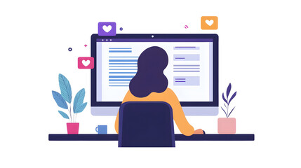 Fototapete - Young Professional Woman Using Laptop Computer and Interacting with Social Media at Desk in Organized Minimalist Office Workspace with Potted Plant and Mug