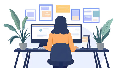 Fototapete - Young professional woman working at her desk with laptop computer digital devices and office decor elements like plant and art in a modern minimalist workspace setup