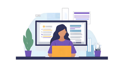 Fototapete - Young professional woman working on laptop computer at desk in contemporary minimalist office workspace with potted plant  Concept of remote work freelance business productivity creativity