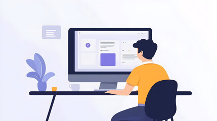 Fototapete - Young professional working intently on laptop computer in cozy minimalist office workspace filled with modern technology decor and natural elements  Concept of productivity innovation