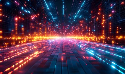 Poster - Futuristic digital corridor with glowing lights and geometric patterns, leading to a bright horizon