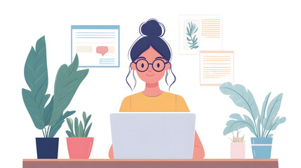 Fototapete - Young woman working remotely on laptop at stylish home office desk with indoor plants and minimal decor  Freelance startup or student studying and being productive in comfortable modern workspace