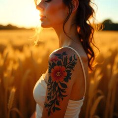 Wall Mural - A woman in a field, with a flower tattoo on her arm