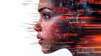 Intrigued woman, futuristic profile data code technology digital woman face profile future