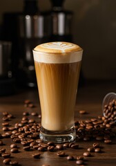 Wall Mural - A beautifully layered latte in a tall glass, topped with a delicate design, surrounded by coffee beans on a wooden surface.