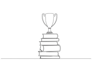 Fototapete - Continuous one line drawing of trophy on top stack of book. One line drawing illustration of trophy cup with stack of book combined. Combine art design concept single line. Editable outline