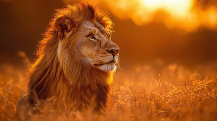 Wall Mural - a striking wildlife photograph of a male lion with a golden mane, standing tall in the african savan