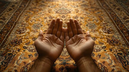 Poster - In a serene setting, hands are raised in prayer, expressing hope and devotion on an ornate, richly colored carpet. The atmosphere is tranquil, inviting reflection and connection