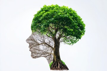 Think Green- human brain with green trees. World environment day and nature conservation day background. Green mental health concept isolated on white background. Generative AI.
