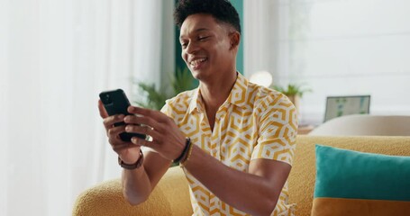 Poster - Happy man, home and phone to relax for online dating, rest or comfort on weekend in living room. Phone, technology and male person with smile in modern apartment for calm peace and social media app
