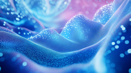 Poster - Vibrant blue and purple wave patterns with luminous particles create a surreal landscape