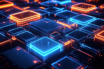 Poster - Modern dynamic abstract grid of dark blue squares with bright neon orange and blue lines, sleek futuristic look.