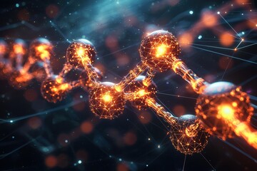 Poster - Bright abstract network of interconnected glowing nodes and lines with depth of field.