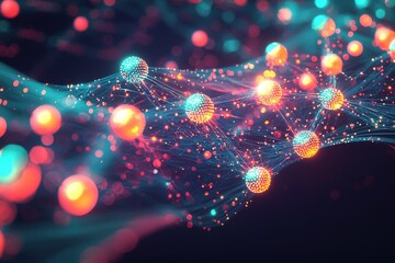 Poster - Vibrant network of glowing spheres in blue and orange, interconnected, symbolizing digital communication.