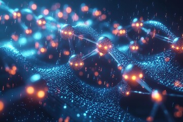 Poster - Futuristic digital network of glowing spheres interconnected, representing advanced technology and data flow.