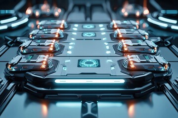 Poster - Symmetrical futuristic metallic structure with rows of glowing elements