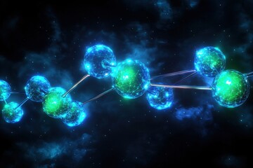Poster - futuristic 3d render of glowing interconnected molecules against a cosmic nebula backdrop